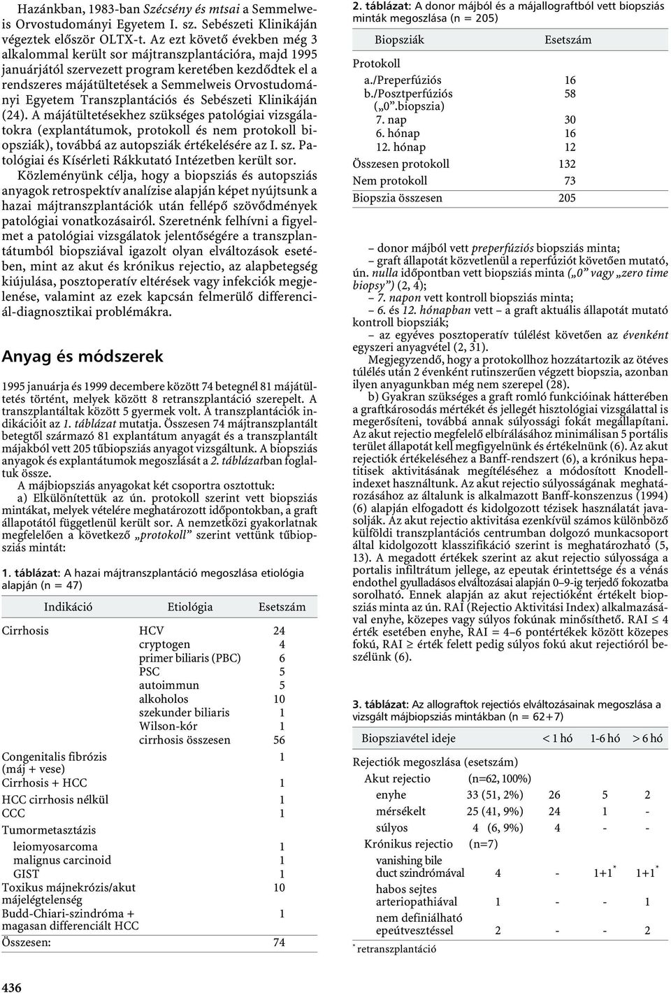 Transzplantációs és Sebészeti Klinikáján (24). A májátültetésekhez szükséges patológiai vizsgálatokra (explantátumok, protokoll és nem protokoll biopsziák), továbbá az autopsziák értékelésére az I.