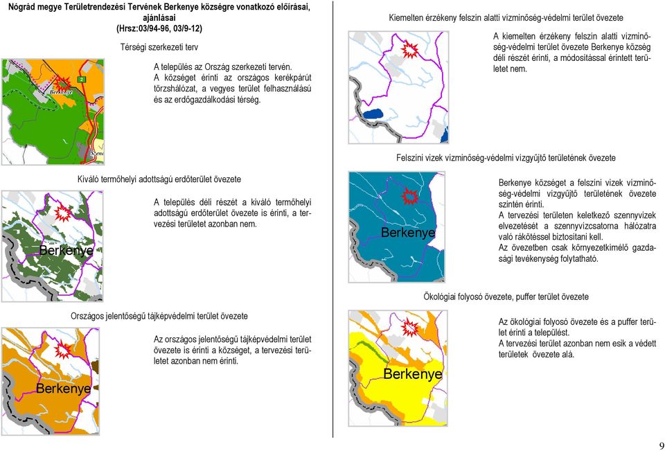 Kiemelten érzékeny felszín alatti vízminőség-védelmi terület övezete A kiemelten érzékeny felszín alatti vízminőség-védelmi terület övezete Berkenye község déli részét érinti, a módosítással érintett