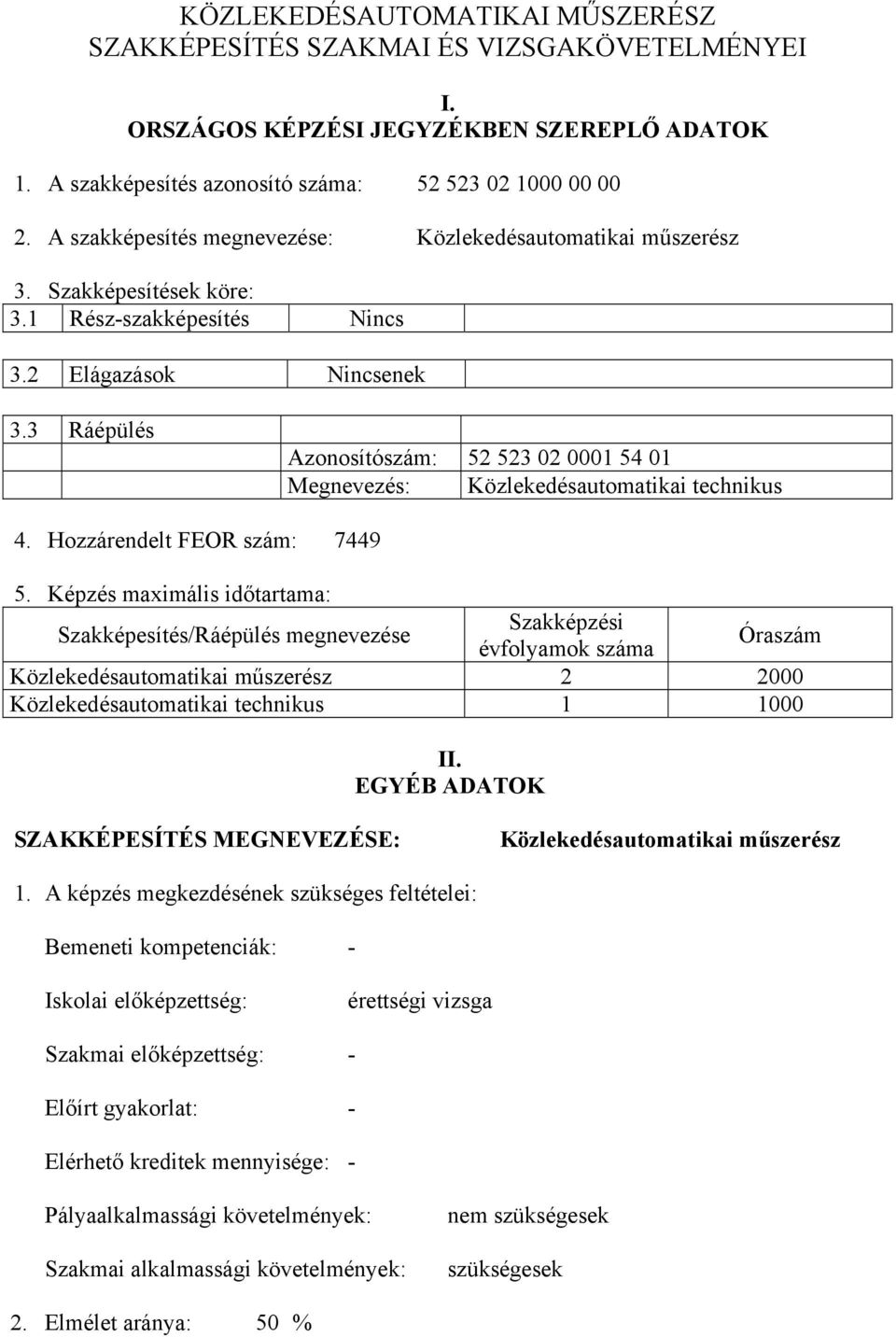 3 Ráépülés zonosítószám: 52 523 02 0001 54 01 Megnevezés: Közlekedésautomatikai technikus 4. Hozzárendelt FEOR szám: 7449 5.