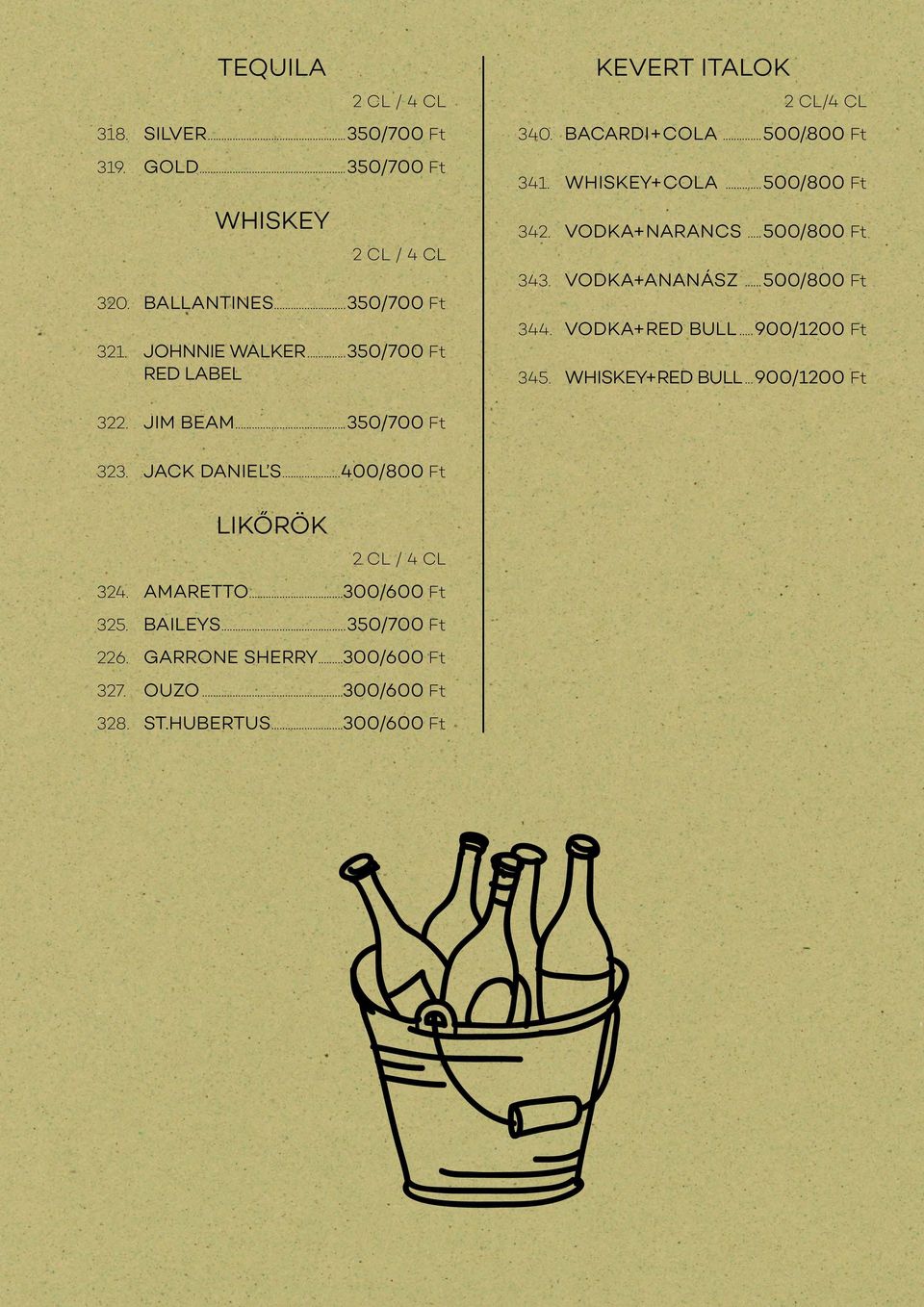 VODKA+ANANÁSZ...500/800 Ft 344. VODKA+RED BULL...900/1200 Ft 345. WHISKEY+RED BULL...900/1200 Ft 322. JIM BEAM...350/700 Ft 323. JACK DANIEL S.