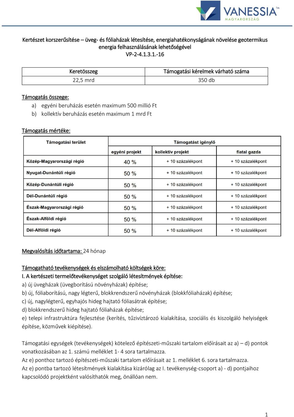 mértéke: Megvalósítás időtartama: 24 hónap Támogatható tevékenységek és elszámolható költségek köre: I.