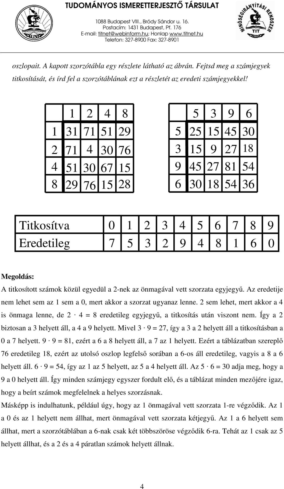 1 2 4 8 5 3 9 6 1 2 4 8 31 71 51 29 71 4 30 76 51 30 67 15 29 76 15 28 5 3 9 6 25 15 45 30 15 9 27 18 45 27 81 54 30 18 54 36 Titkosítva Eredetileg 0 1 2 3 4 7 5 3 2 9 5 6 7 8 4 8 1 6 9 0 titkosított