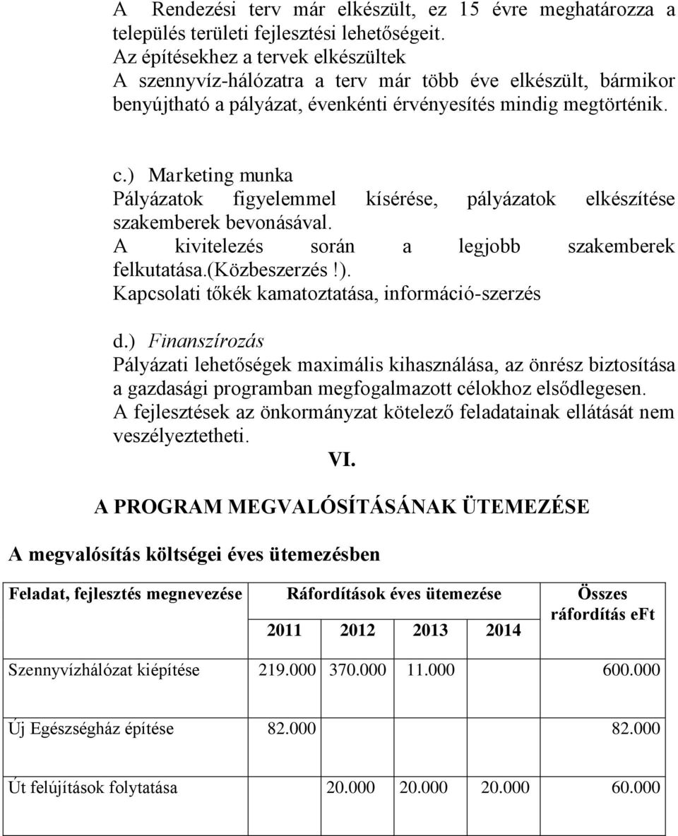 ) Marketing munka Pályázatok figyelemmel kísérése, pályázatok elkészítése szakemberek bevonásával. A kivitelezés során a legjobb szakemberek felkutatása.(közbeszerzés!). Kapcsolati tőkék kamatoztatása, információ-szerzés d.