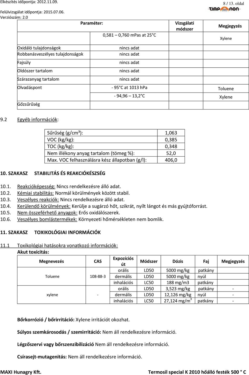 1013 hpa Toluene Gőzsűrűség 94,96 13,2 C Xylene 9.2 Egyéb információk: Sűrűség (g/cm³): 1,063 VOC (kg/kg): 0,385 TOC (kg/kg): 0,348 Nem illékony anyag tartalom (tömeg %): 52,0 Max.