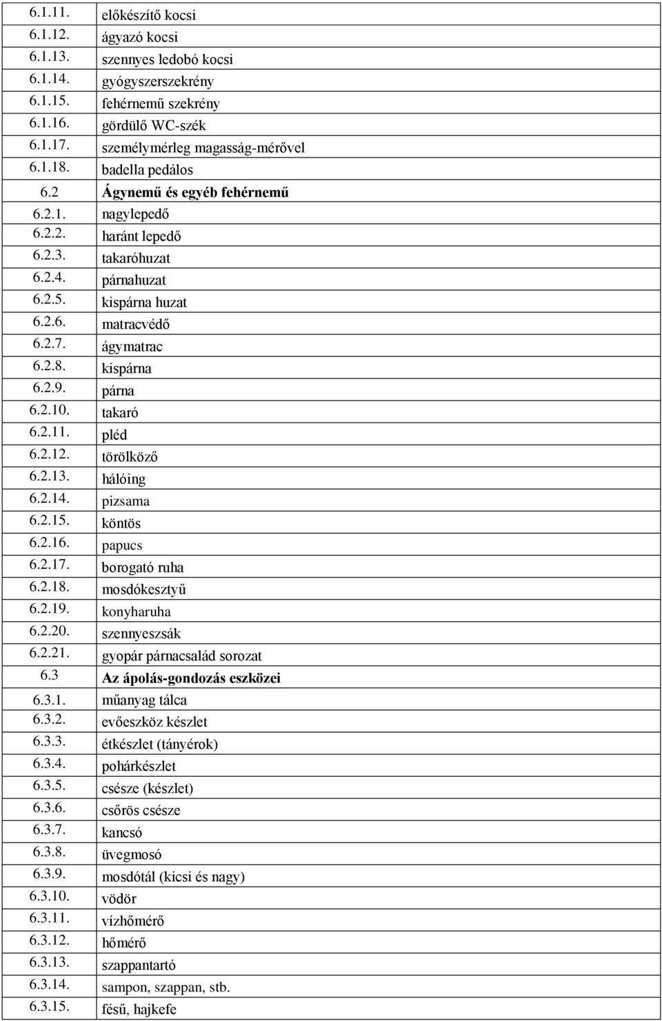 párna 6.2.10. takaró 6.2.11. pléd 6.2.12. törölköző 6.2.13. hálóing 6.2.14. pizsama 6.2.15. köntös 6.2.16. papucs 6.2.17. borogató ruha 6.2.18. mosdókesztyű 6.2.19. konyharuha 6.2.20. szennyeszsák 6.