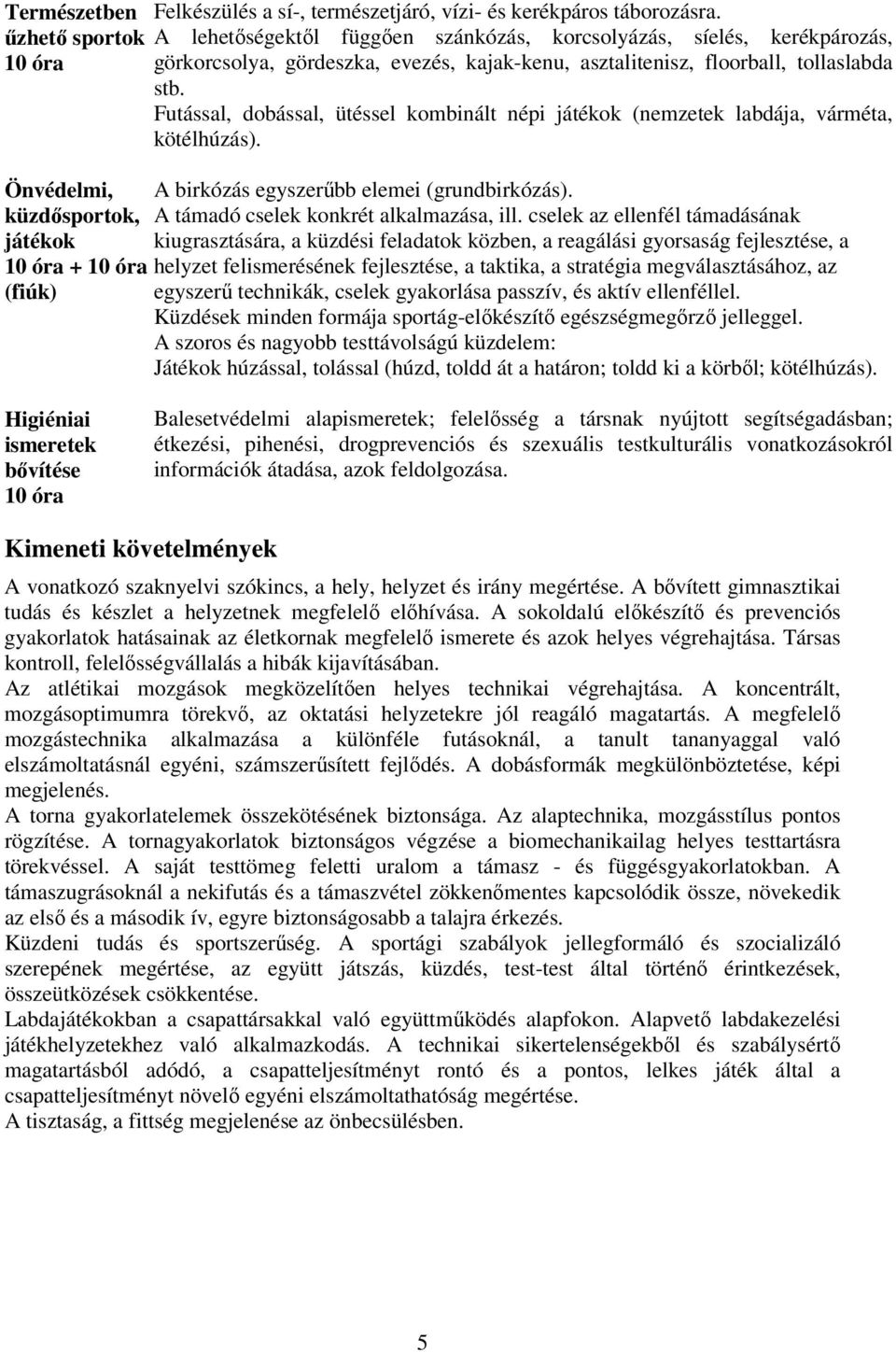 Futással, dobással, ütéssel kombinált népi játékok (nemzetek labdája, várméta, kötélhúzás). Önvédelmi, A birkózás egyszerűbb elemei (grundbirkózás).