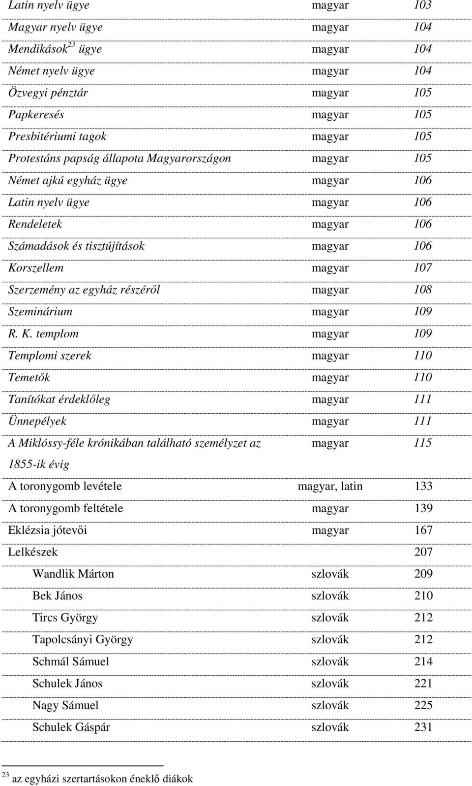 Szerzemény az egyház részéről magyar 108 Szeminárium magyar 109 R. K.