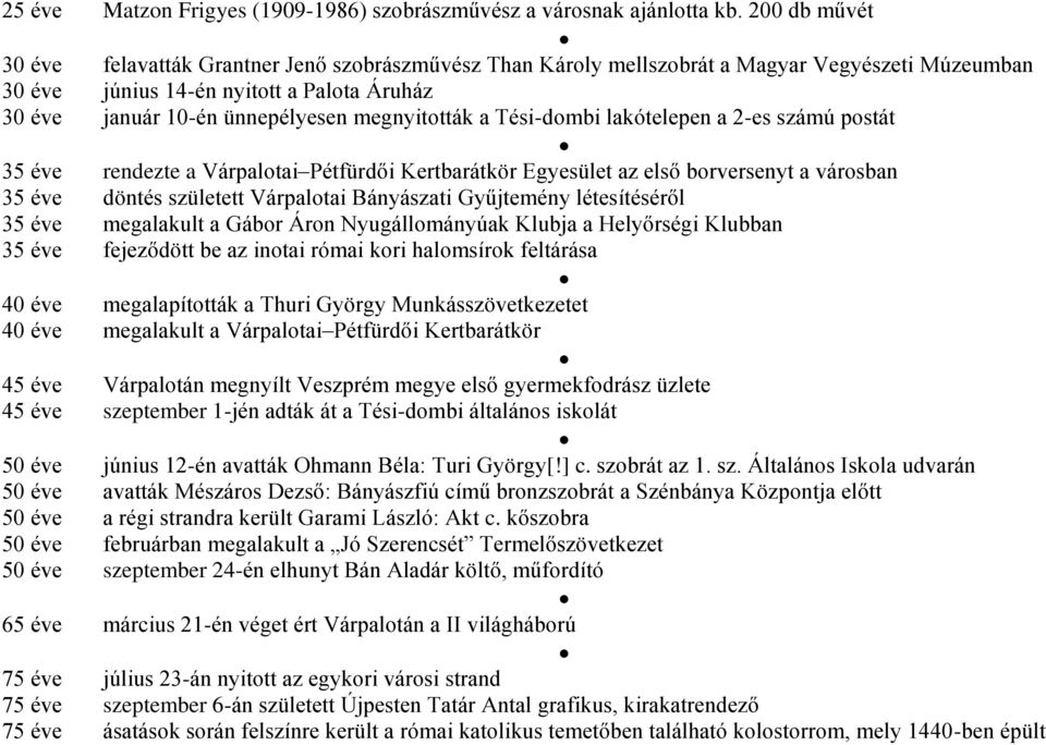 megnyitották a Tési-dombi lakótelepen a 2-es számú postát 35 éve rendezte a Várpalotai Pétfürdői Kertbarátkör Egyesület az első borversenyt a városban 35 éve döntés született Várpalotai Bányászati