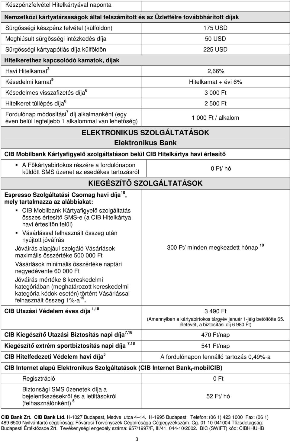 6 Hitelkeret túllépés díja 8 Fordulónap módosítási 7 díj alkalmanként (egy éven belül legfeljebb 1 alkalommal van lehetıség) 3 00 2 50 1 00 / alkalom ELEKTRONIKUS SZOLGÁLTATÁSOK Elektronikus Bank CIB