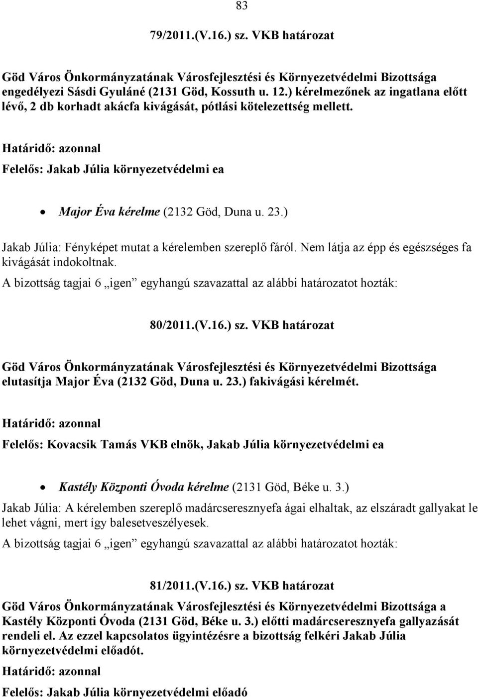 80/2011.(V.16.) sz. VKB határozat elutasítja Major Éva (2132 Göd, Duna u. 23.) fakivágási kérelmét., Jakab Júlia környezetvédelmi ea Kastély Központi Óvoda kérelme (2131 Göd, Béke u. 3.