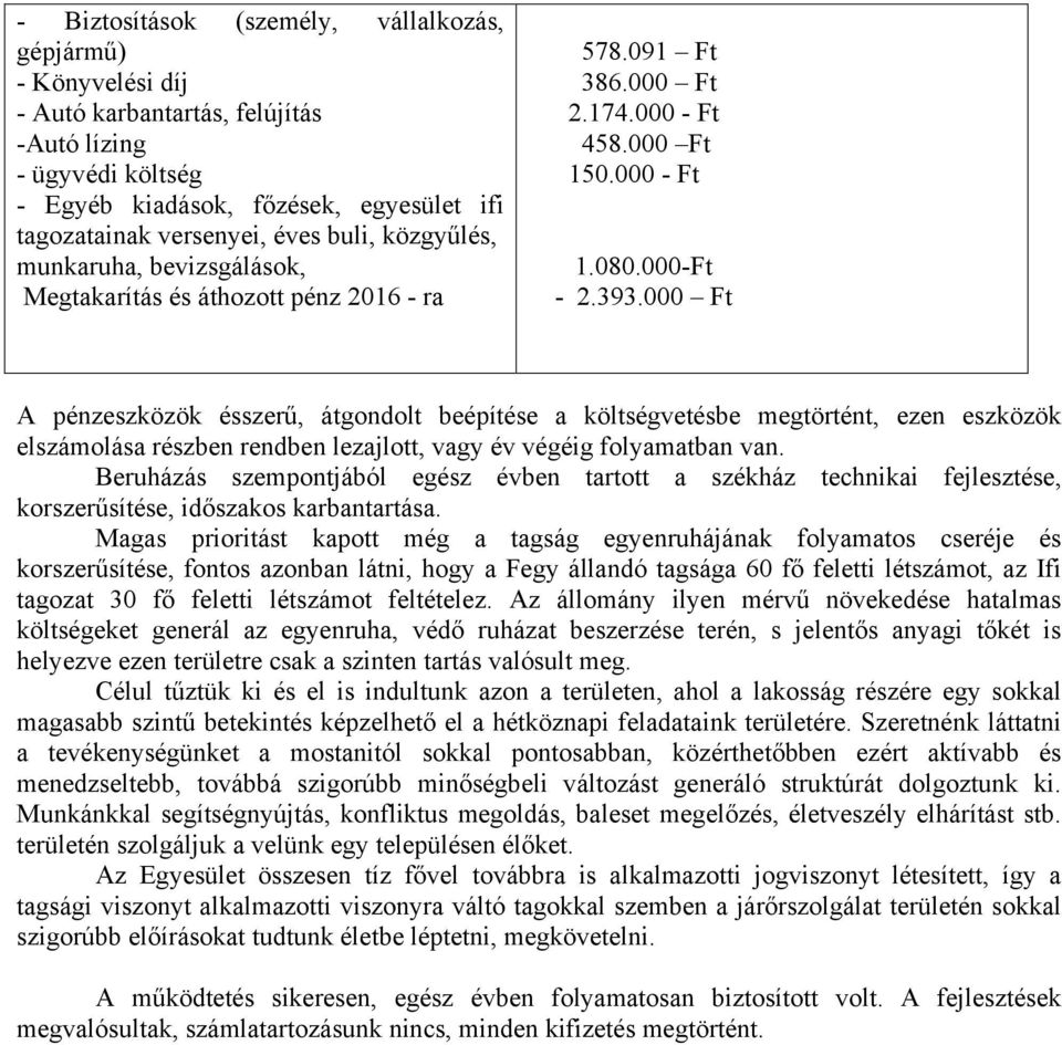 000 Ft A pénzeszközök ésszerű, átgondolt beépítése a költségvetésbe megtörtént, ezen eszközök elszámolása részben rendben lezajlott, vagy év végéig folyamatban van.