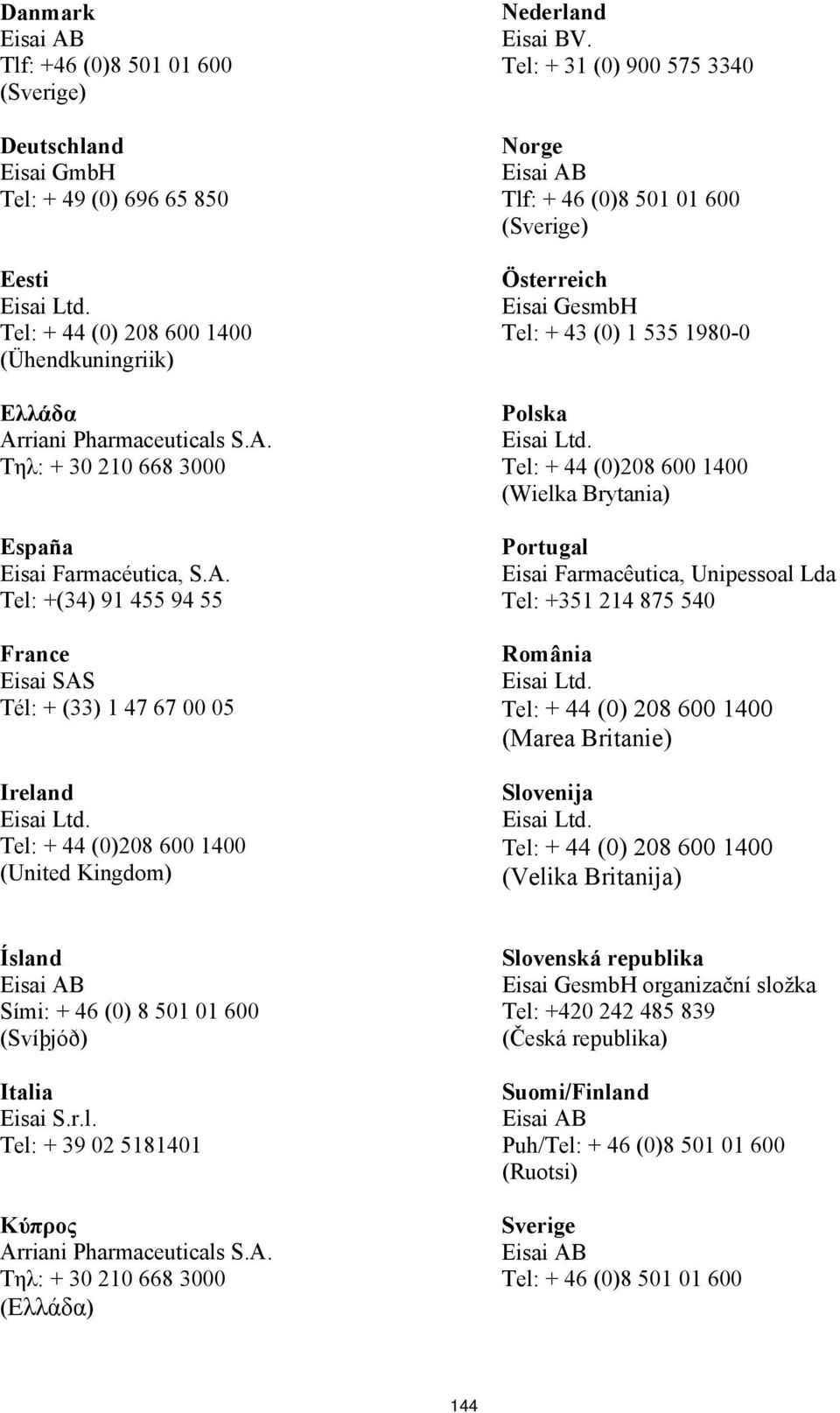 Tel: + 31 (0) 900 575 3340 Norge Tlf: + 46 (0)8 501 01 600 (Sverige) Österreich Eisai GesmbH Tel: + 43 (0) 1 535 1980-0 Polska Tel: + 44 (0)208 600 1400 (Wielka Brytania) Portugal Eisai Farmacêutica,