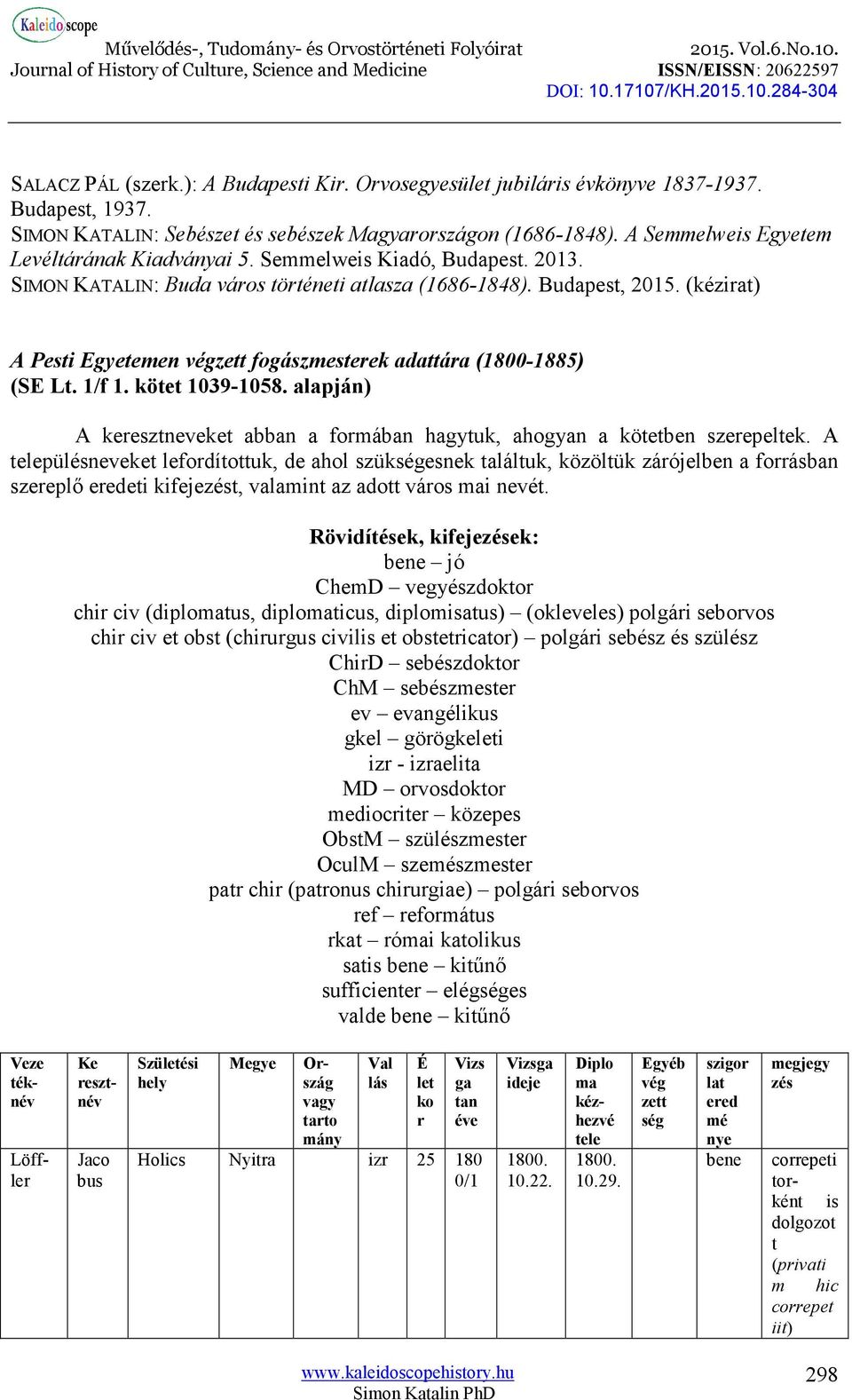 (kézirat) A Pesti Egyetemen végzett fogászmesterek adattára (1800-1885) (SE Lt. 1/f 1. kötet 1039-1058. alapján) A keresztneveket abban a formában hagytuk, ahogyan a kötetben szerepeltek.