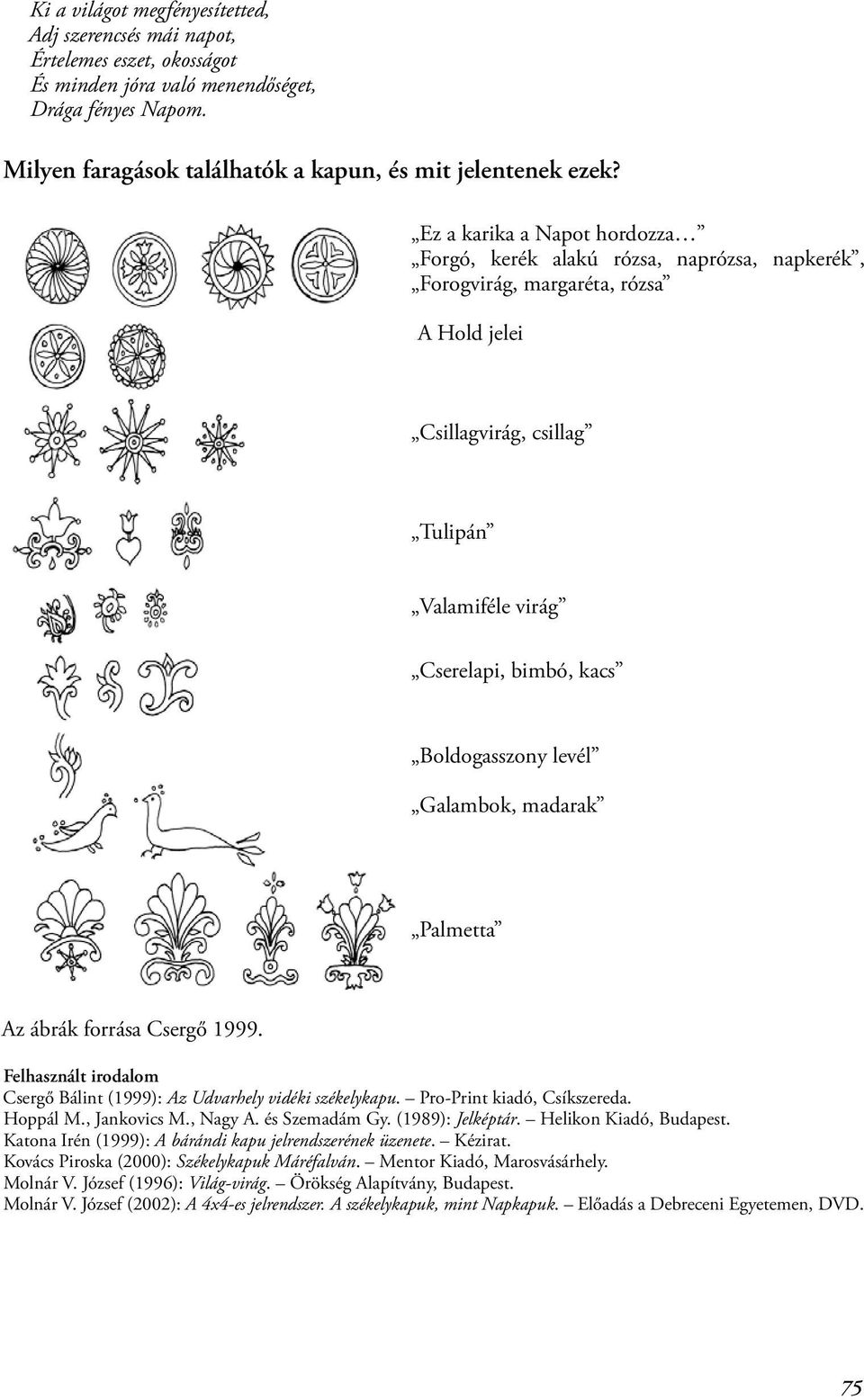 Boldogasszony levél Galambok, madarak Palmetta Az ábrák forrása Csergő 1999. Felhasznált irodalom Csergő Bálint (1999): Az Udvarhely vidéki székelykapu. Pro-Print kiadó, Csíkszereda. Hoppál M.