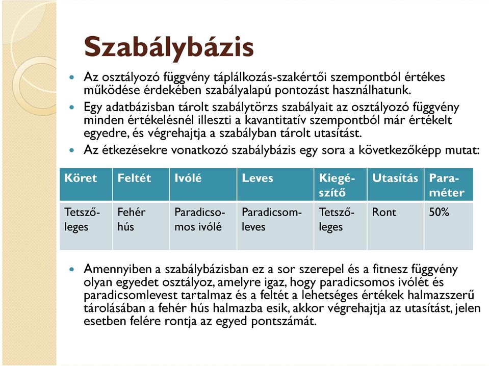 Az étkezésekre vonatkozó szabálybázis egy sora a következőképp mutat: Köret Feltét Ivólé Leves Kiegé- Utasítás Paraméteszítő Fehér hús Tetszőleges Paradicsomos ivólé Paradicsomleves Tetszőleges Ront