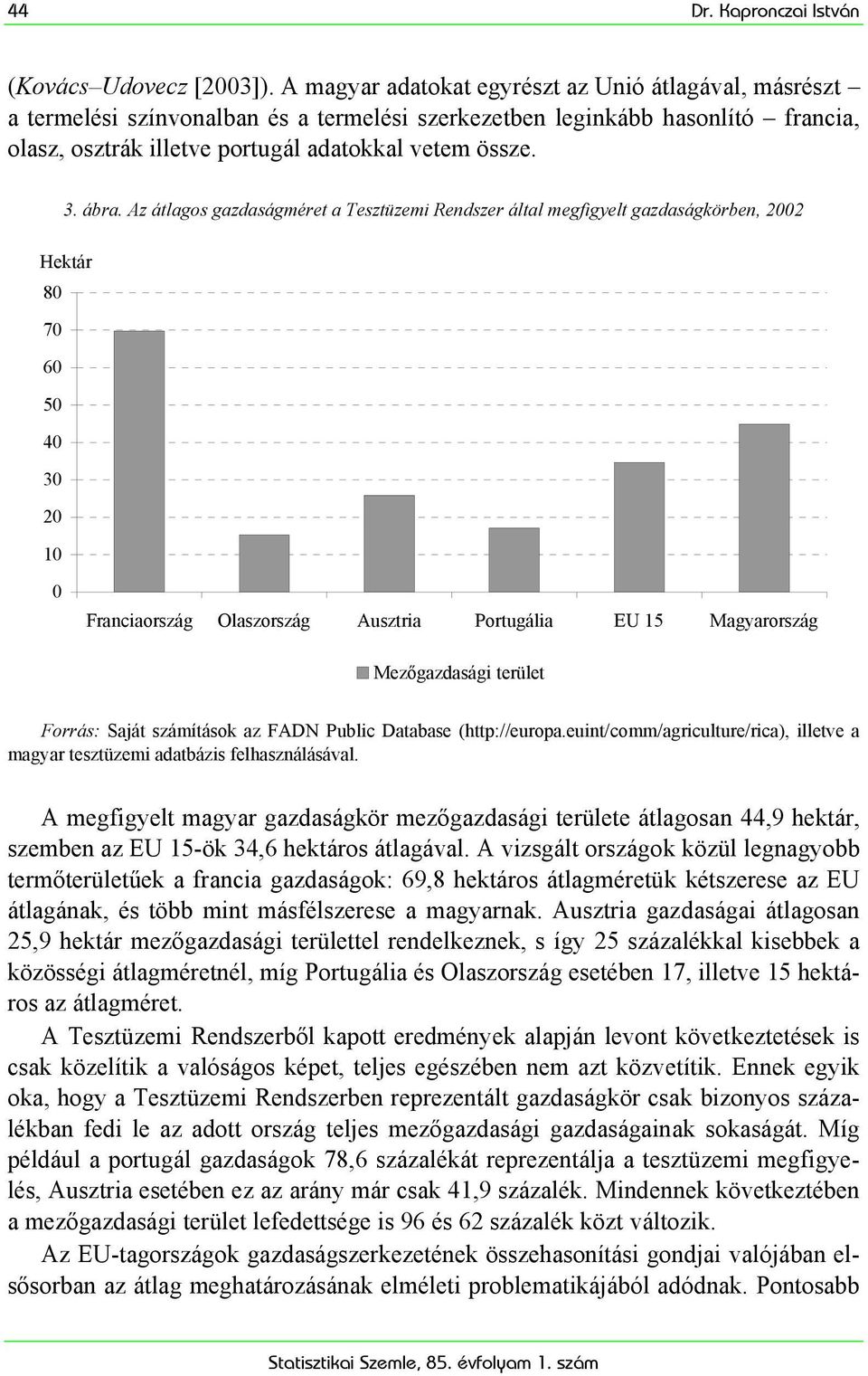 Az átlagos gazdaságméret a Tesztüzemi Rendszer által megfigyelt gazdaságkörben, 2002 Hektár 80 70 60 50 40 30 20 10 0 Franciaország Olaszország Ausztria Portugália EU 15 Magyarország Mezőgazdasági