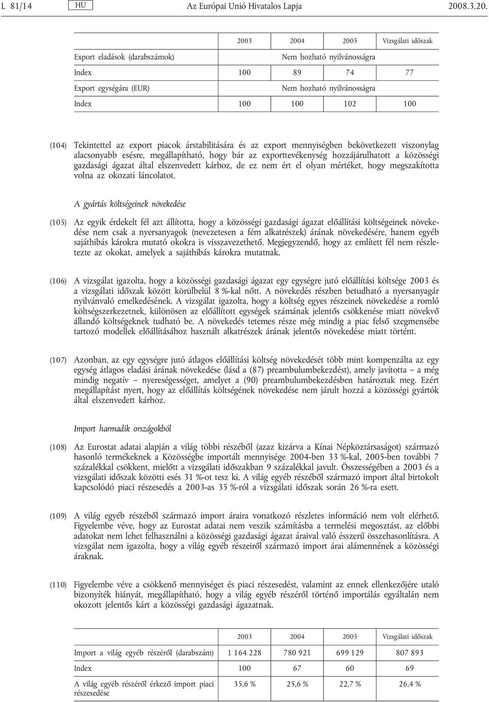 Export eladások (darabszámok) Index 100 89 74 77 Export egységára (EUR) Index 100 100 102 100 (104) Tekintettel az export piacok árstabilitására és az export mennyiségben bekövetkezett viszonylag