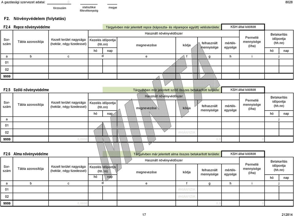#HIÁNYZIK 0,0000 0,0 0 F2.6 Alm növényvédelme Tárgyévben már elentett lm összes betkrított területe: Hsznált növényvédőszer F2.