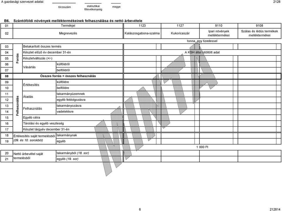 08 Összes forrás = összes felhsználás 09 10 Értékesítés 11 12 13 14 15 Átdás Egyéb célr tkrmányüzemnek egyéb feldolgozásr tkrmányozásr vdetetésre 16 17 Tárolási és