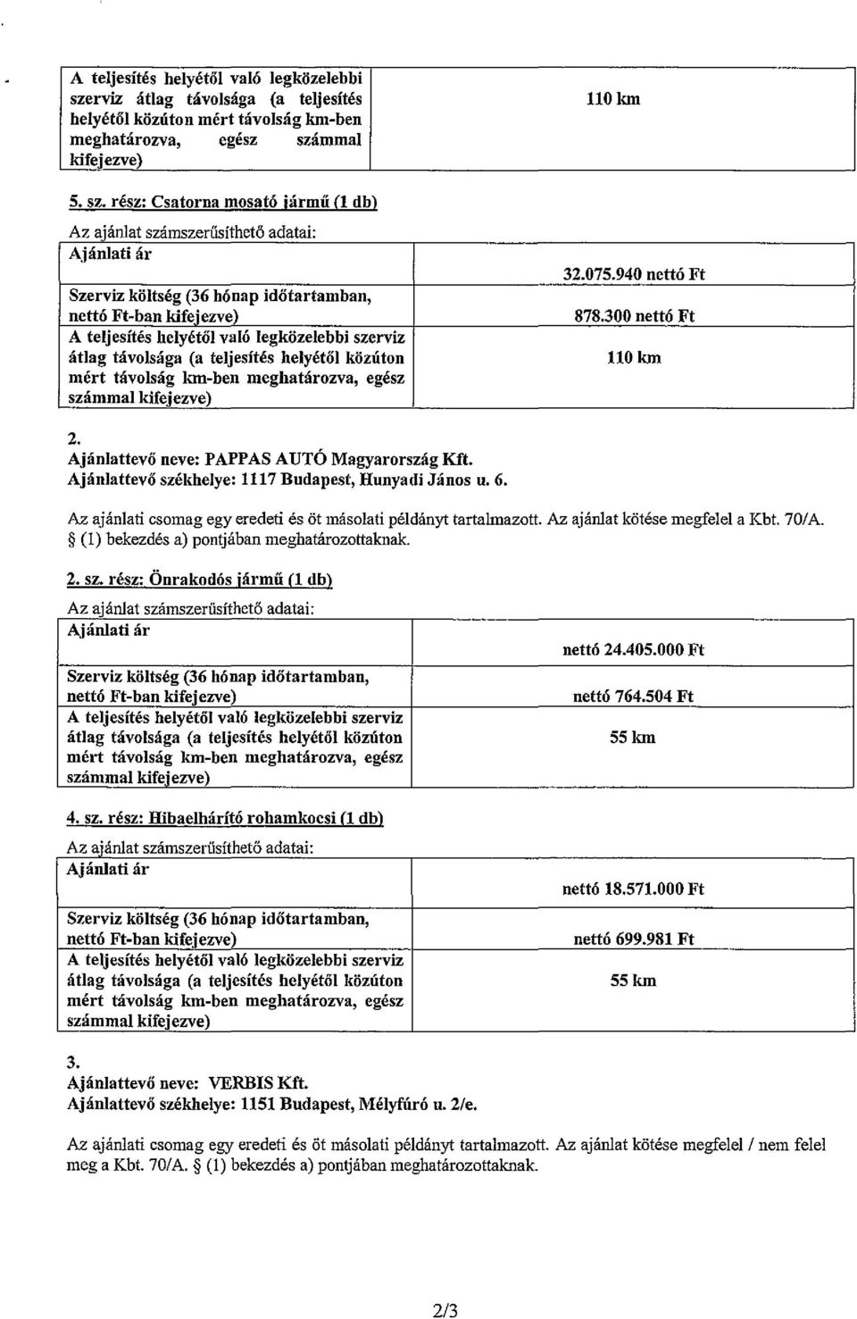 300 nettó Ft A teljesítés helyétől való legközelebbi szerviz átlag távolsága (a teljesítés helyétől közúton 110 km mért távolság km-ben meghatározva, egész számmal kifejezve) 2.