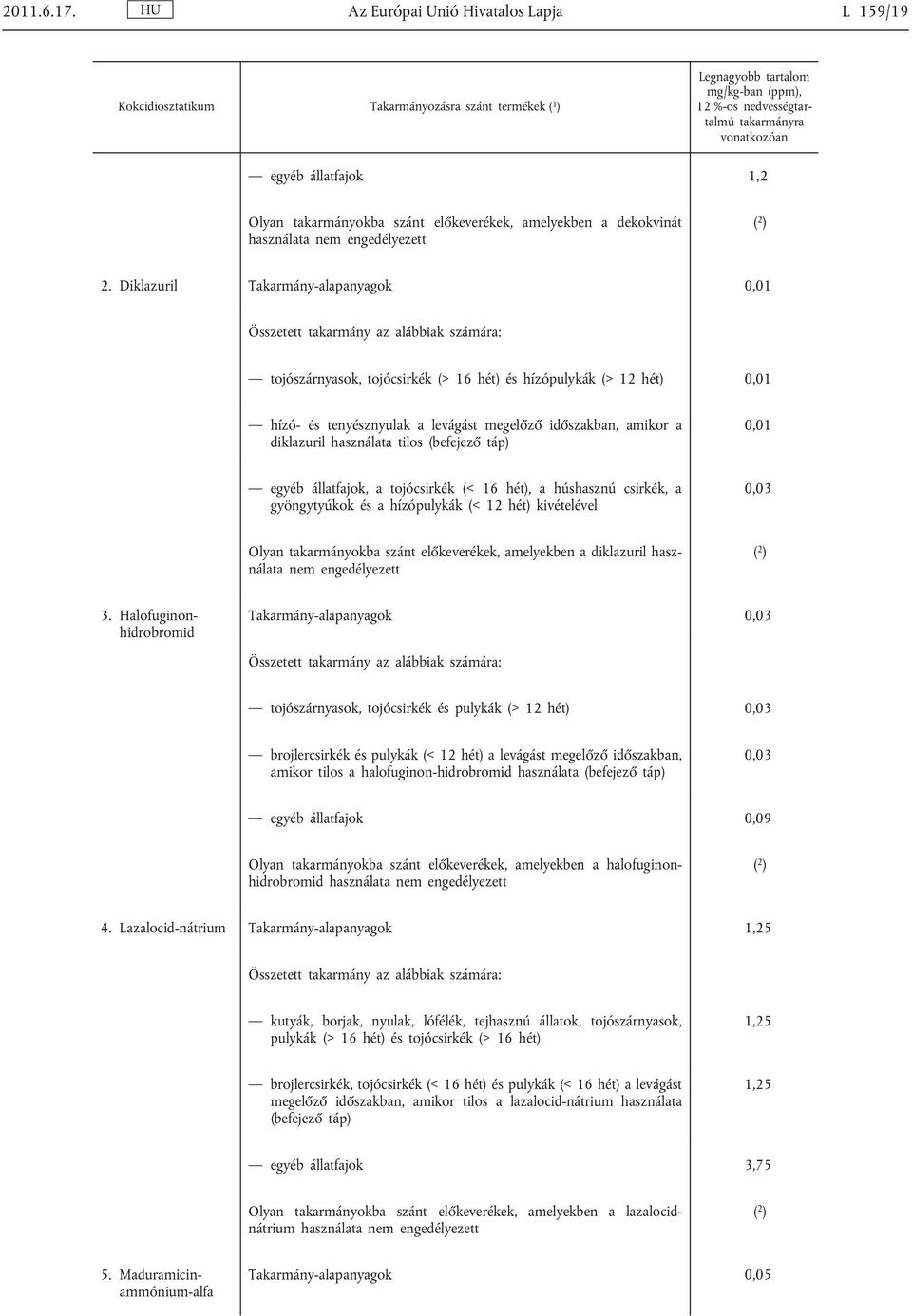 (befejező táp) 0,01 egyéb állatfajok, a tojócsirkék (< 16 hét), a húshasznú csirkék, a gyöngytyúkok és a hízópulykák (< 12 hét) kivételével 0,03 Olyan takarmányokba szánt előkeverékek, amelyekben a