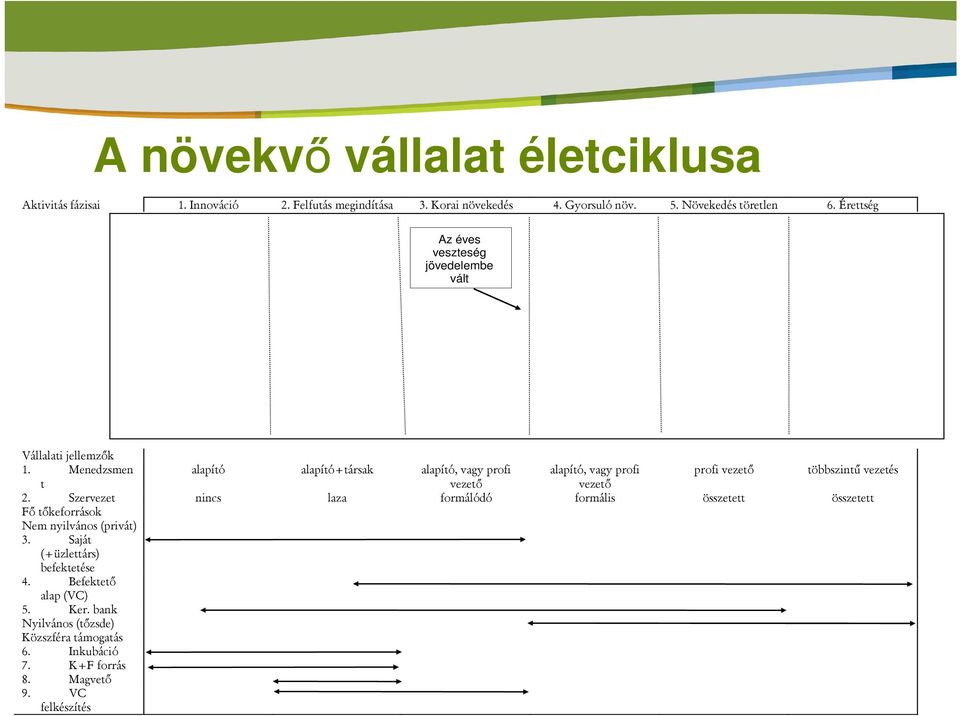 Menedzsmen alapító alapító+társak alapító, vagy profi alapító, vagy profi profi vezető többszintű vezetés t vezető vezető 2.