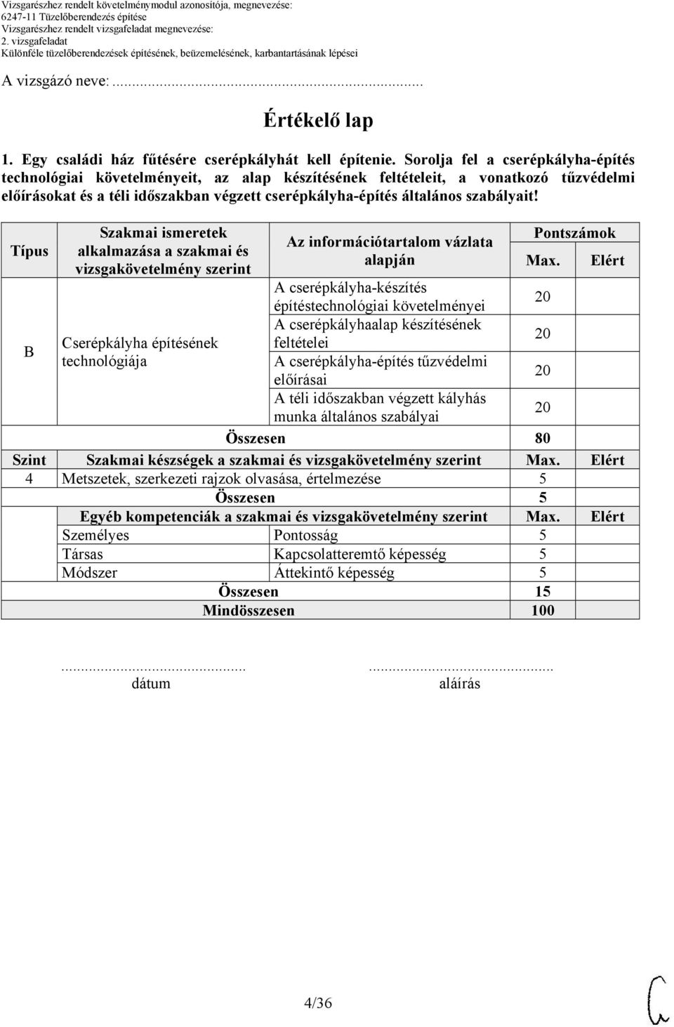 szabályait! Típus Szakmai ismeretek alkalmazása a szakmai és vizsgakövetelmény szerint Az információtartalom vázlata alapján Pontszámok Max.