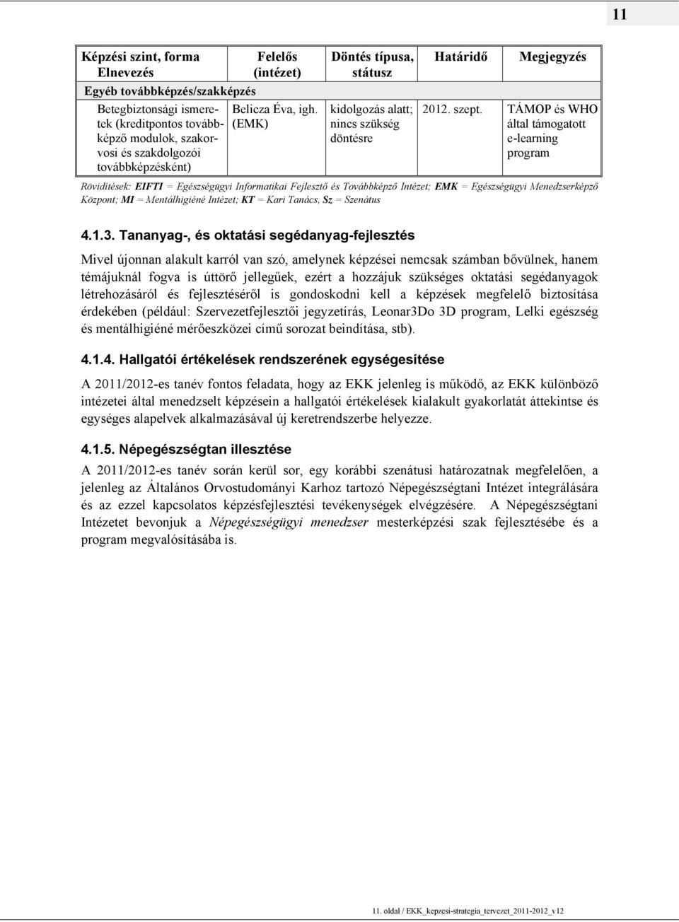 TÁMOP és WHO által támogatott e-learning program Rövidítések: EIFTI = Egészségügyi Informatikai Fejlesztő és Továbbképző Intézet; EMK = Egészségügyi Menedzserképző Központ; MI = Mentálhigiéné