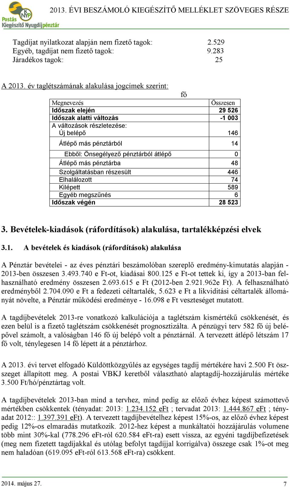 Önsegélyező pénztárból átlépő 0 Átlépő más pénztárba 48 Szolgáltatásban részesült 446 Elhalálozott 74 Kilépett 589 Egyéb megszűnés 6 Időszak végén 28 523 3.