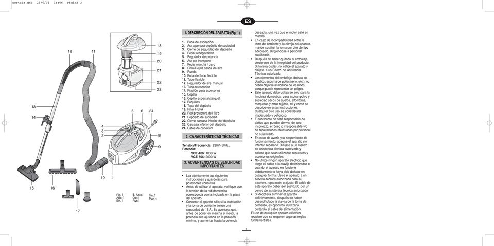 Tubo flexible 2. Regulador de aire manual 3. Tubo telescópico 4. Fijación para accesorios 5. Cepillo 6. Cepillo especial parquet 7. Boquillas 8. Tapa del depósito 9. Filtro HEPA 20.