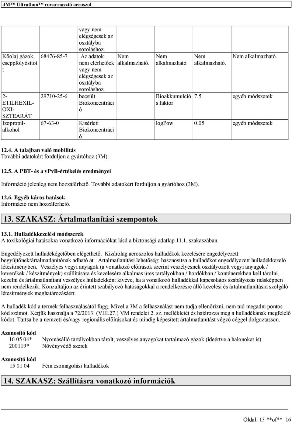 További adatokért forduljon a gyártóhoz (3M). 12.6. Egyéb káro hatáok Információ nem hozzáférhető. 13. SZAKASZ: Ártalmatlanítái zempontok 13.1. Hulladékkezeléi módzerek A toxikológiai hatáokra vonatkozó információkat lád a biztonági adatlap 11.