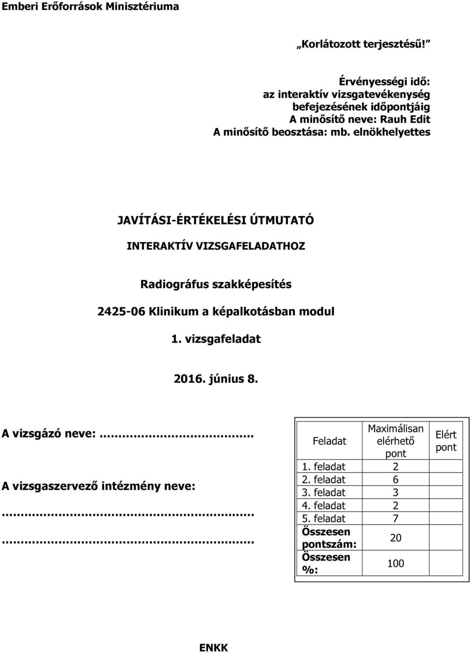 beosztása: mb. elnökhelyettes JAVÍTÁSI-ÉRTÉKELÉSI ÚTMUTATÓ HOZ Radiográfus szakképesítés modul. vizsgafeladat 206.