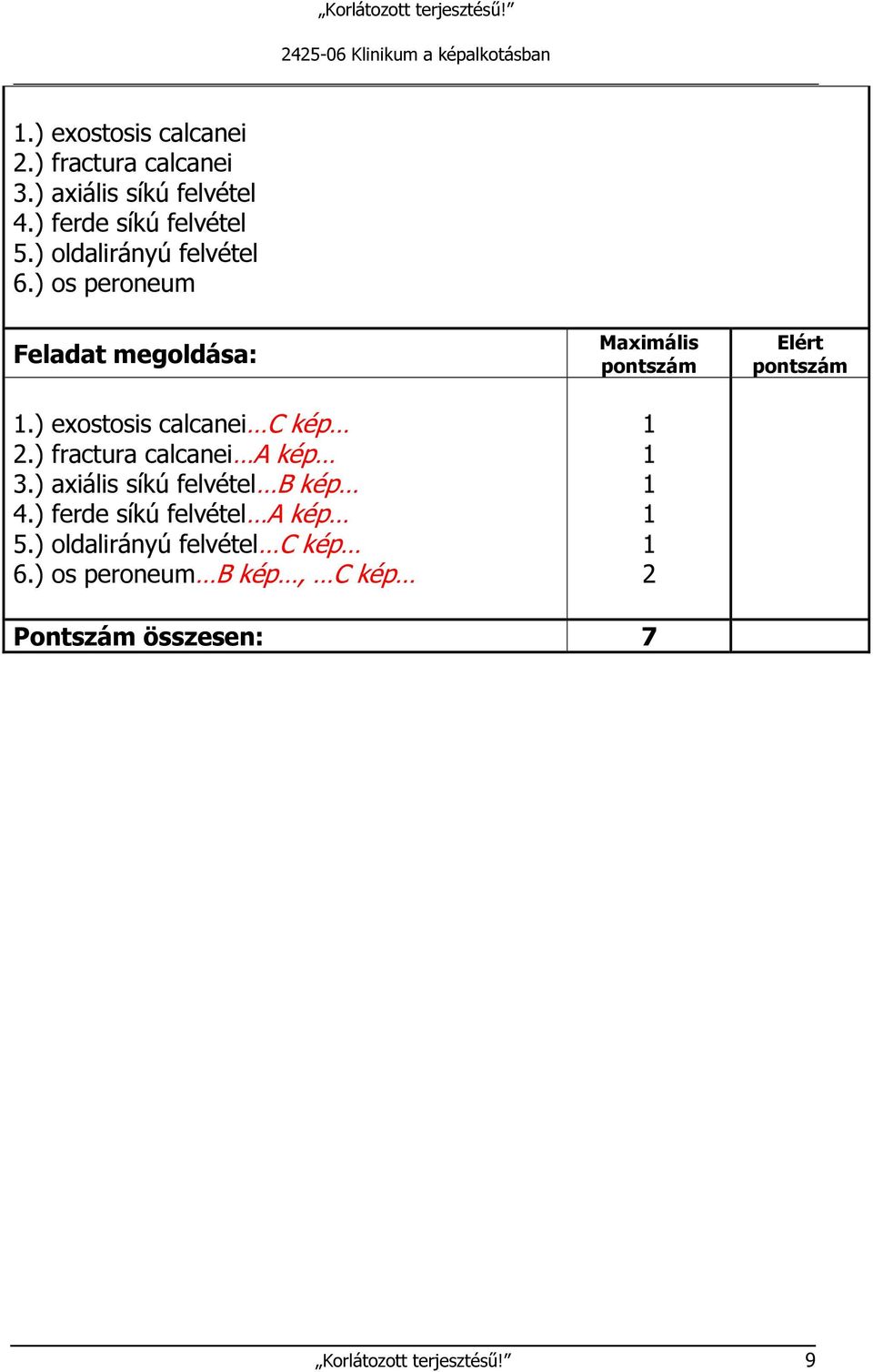 ) exostosis calcanei C kép 2.) fractura calcanei A kép 3.) axiális síkú felvétel B kép 4.