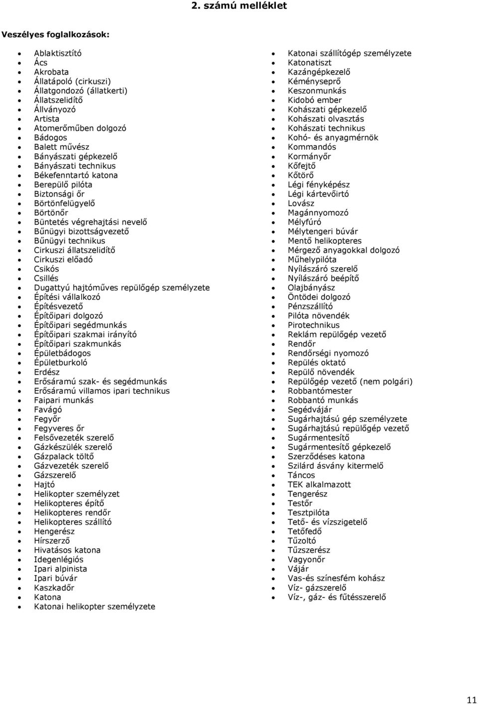 állatszelidítő Cirkuszi előadó Csikós Csillés Dugattyú hajtóműves repülőgép személyzete Építési vállalkozó Építésvezető Építőipari dolgozó Építőipari segédmunkás Építőipari szakmai irányító