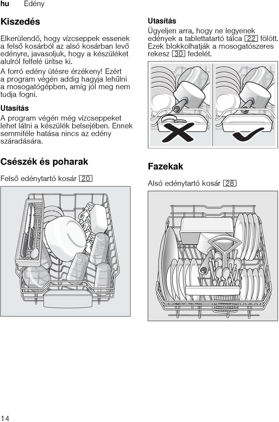 Utasítás A program végén még vízcseppeket lehet látni a készülék belsejében. Ennek semmiféle hatása nincs az edény száradására.