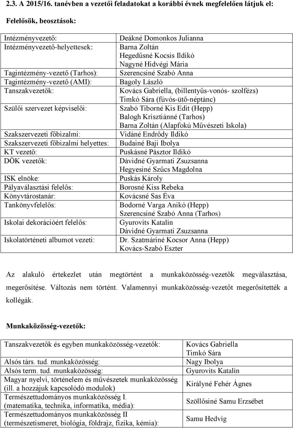 Tanszakvezetők: Szülői szervezet képviselői: Szakszervezeti főbizalmi: Szakszervezeti főbizalmi helyettes: KT vezető: DÖK vezetők: ISK elnöke: Pályaválasztási felelős: Könyvtárostanár: