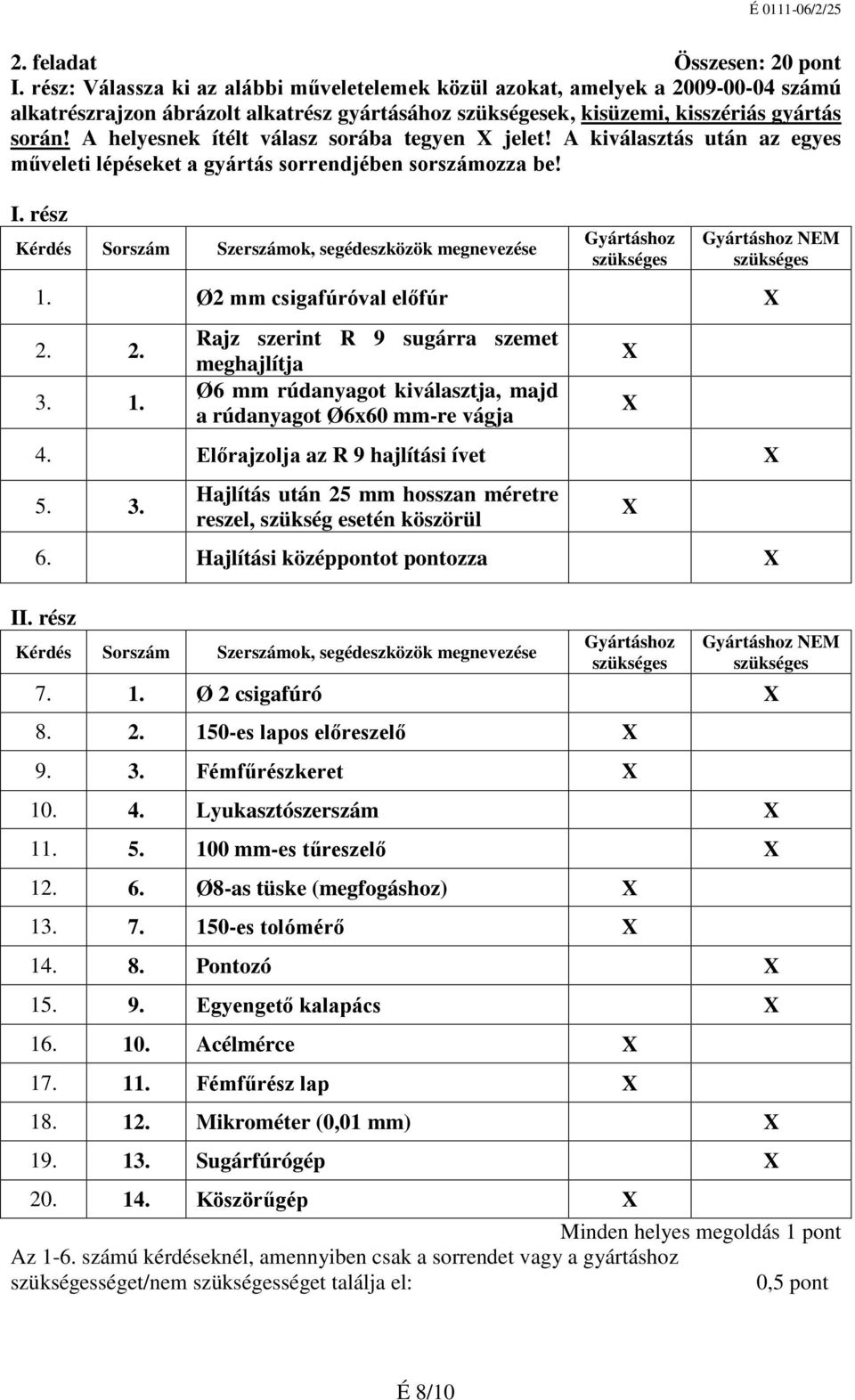 A helyesnek ítélt válasz sorába tegyen X jelet! A kiválasztás után az egyes műveleti lépéseket a gyártás sorrendjében sorszámozza be! I.