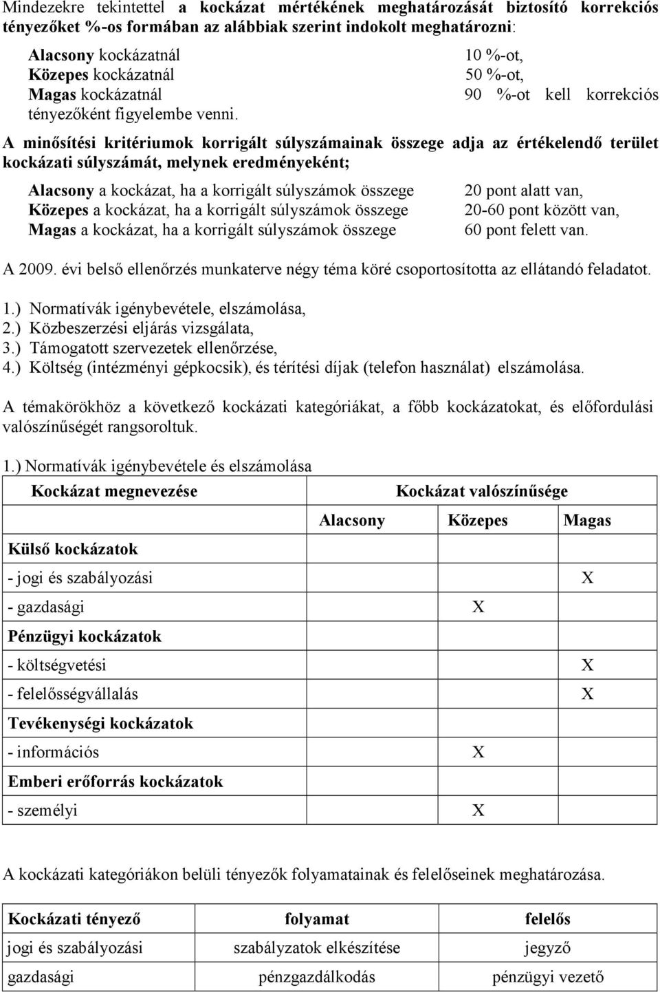 10 %-ot, 50 %-ot, 90 %-ot kell korrekciós A minősítési kritériumok korrigált súlyszámainak összege adja az értékelendő terület kockázati súlyszámát, melynek eredményeként; Alacsony a kockázat, ha a