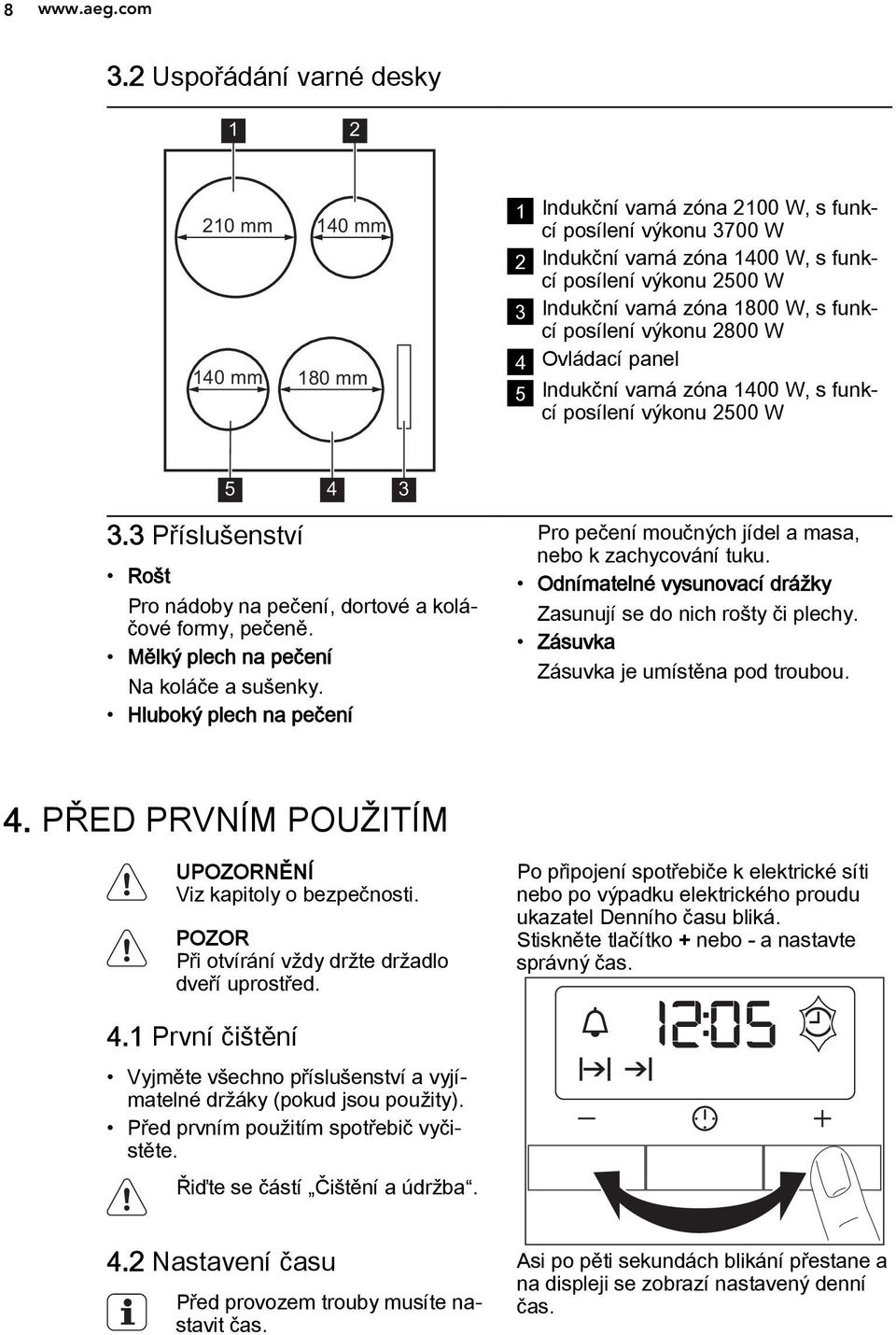 zóna 1800 W, s funkcí posílení výkonu 2800 W 4 Ovládací panel 5 Indukční varná zóna 1400 W, s funkcí posílení výkonu 2500 W 5 4 3 3.