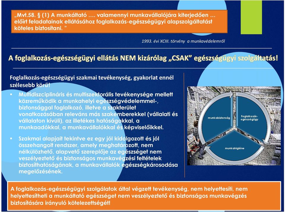 Multidiszciplináris és multiszektorális tevékenysége mellett közreműködik a munkahelyi egészségvédelemmel-, biztonsággal foglalkozó, illetve a szakterület vonatkozásában releváns más szakemberekkel