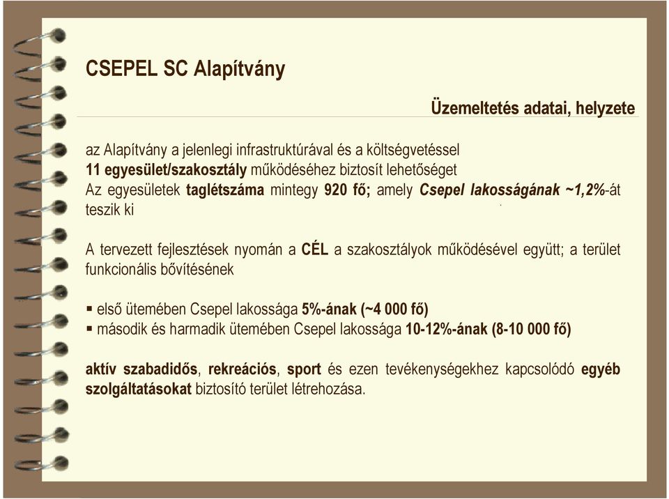 szakosztályok mőködésével együtt; a terület funkcionális bıvítésének elsı ütemében Csepel lakossága 5%-ának (~4 000 fı) második és harmadik ütemében