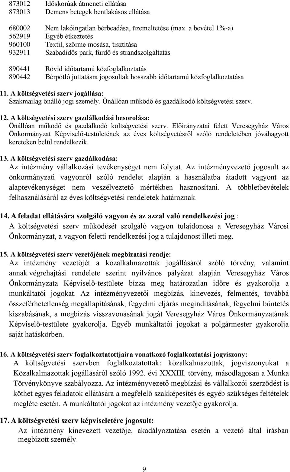 juttatásra jogosultak hosszabb időtartamú közfoglalkoztatása 11. A költségvetési szerv jogállása: Szakmailag önálló jogi személy. Önállóan működő és gazdálkodó költségvetési szerv. 12.