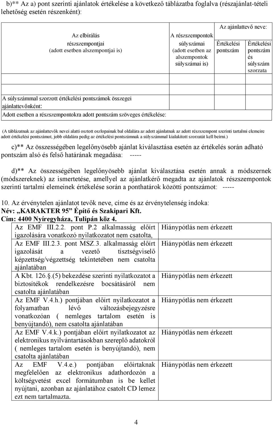 összegei ajánlattevőnként: Adott esetben a részszempontokra adott pontszám szöveges értékelése: (A táblázatnak az ajánlattevők nevei alatti osztott oszlopainak bal oldalára az adott ajánlatnak az