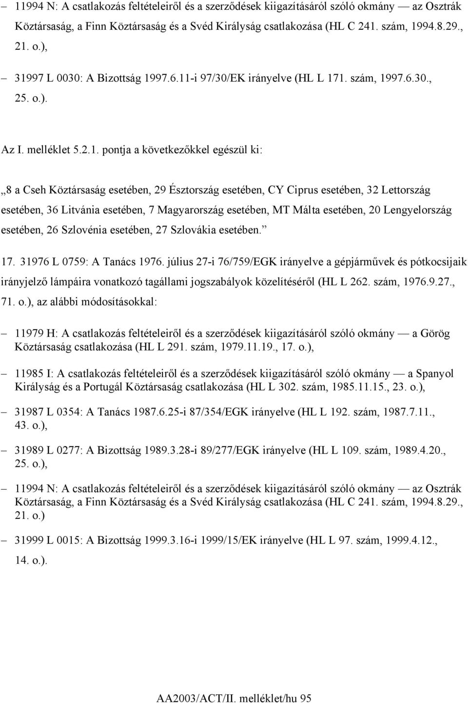 Lettország esetében, 36 Litvánia esetében, 7 Magyarország esetében, MT Málta esetében, 20 Lengyelország esetében, 26 Szlovénia esetében, 27 Szlovákia esetében. 17. 31976 L 0759: A Tanács 1976.