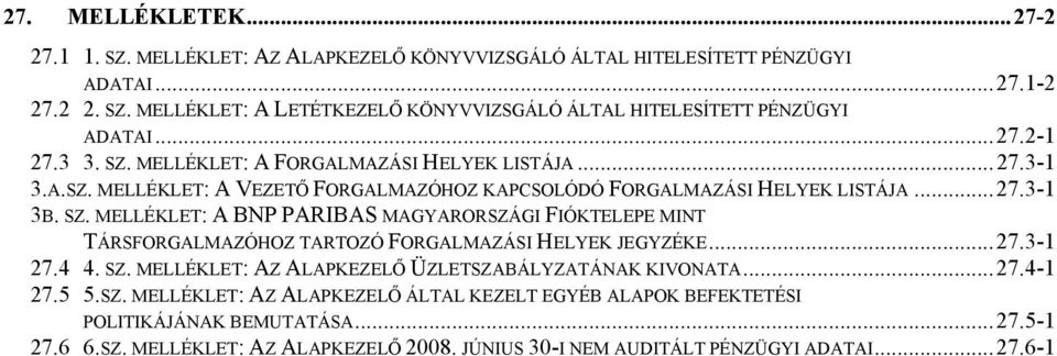 .. 27.3-1 27.4 4. SZ. MELLÉKLET: AZ ALAPKEZELŐ ÜZLETSZABÁLYZATÁNAK KIVONATA... 27.4-1 27.5 5.SZ. MELLÉKLET: AZ ALAPKEZELŐ ÁLTAL KEZELT EGYÉB ALAPOK BEFEKTETÉSI POLITIKÁJÁNAK BEMUTATÁSA... 27.5-1 27.