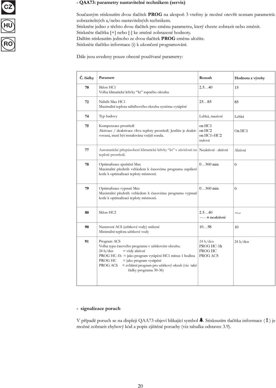 Dalším stisknutím jednoho ze dvou tlačítek PG změnu uložíte. Stiskněte tlačítko informace (i) k ukončení programování. Dále jsou uvedeny pouze obecně používané parametry: Č.