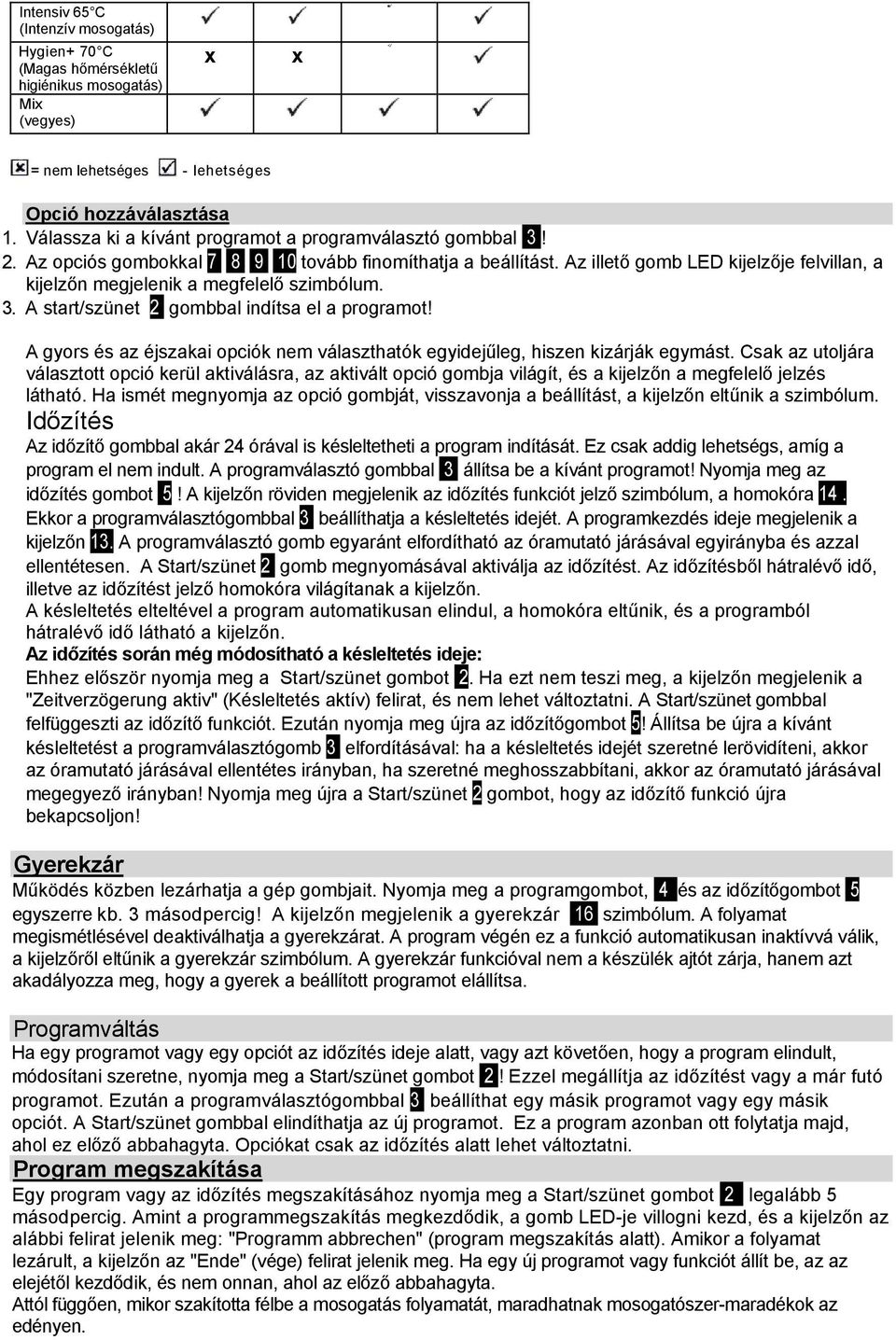 Az illető gomb LED kijelzője felvillan, a kijelzőn megjelenik a megfelelő szimbólum. 3. A start/szünet 2 gombbal indítsa el a programot!