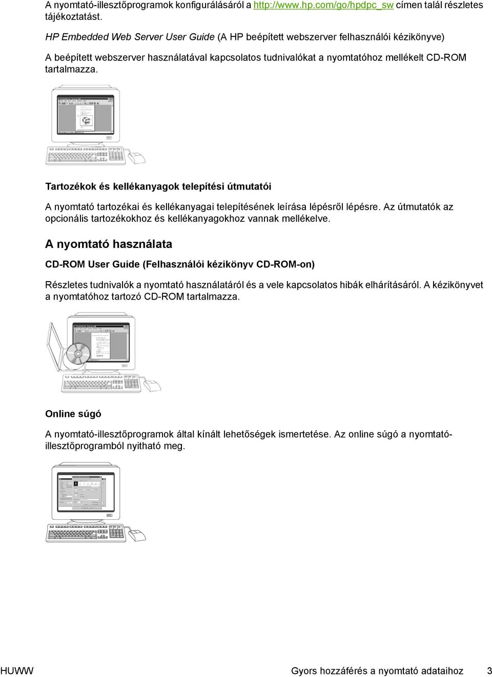 Tartozékok és kellékanyagok telepítési útmutatói A nyomtató tartozékai és kellékanyagai telepítésének leírása lépésről lépésre.