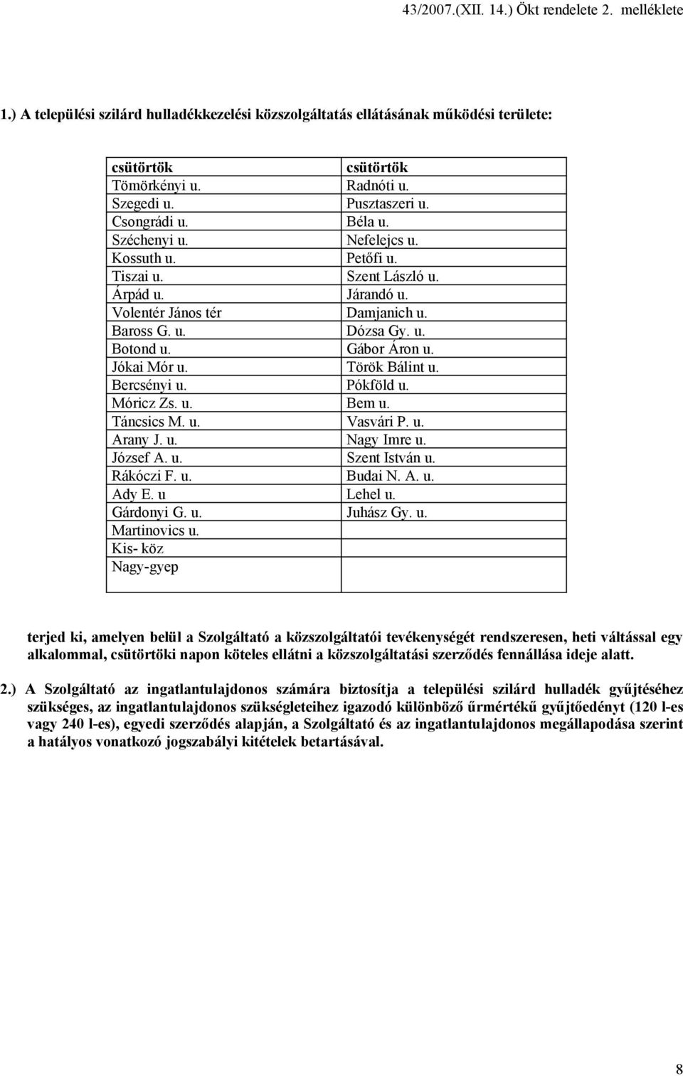 Gábor Áron u. Jókai Mór u. Török Bálint u. Bercsényi u. Pókföld u. Móricz Zs. u. Bem u. Táncsics M. u. Vasvári P. u. Arany J. u. Nagy Imre u. József A. u. Szent István u. Rákóczi F. u. Budai N. A. u. Ady E.