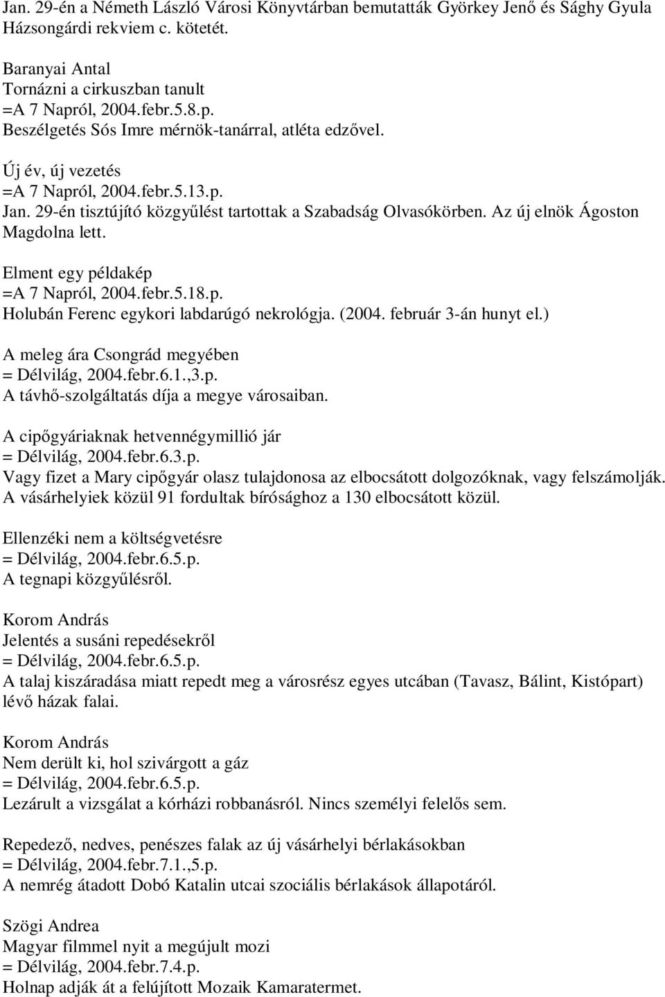 Az új elnök Ágoston Magdolna lett. Elment egy példakép =A 7 Napról, 2004.febr.5.18.p. Holubán Ferenc egykori labdarúgó nekrológja. (2004. február 3-án hunyt el.